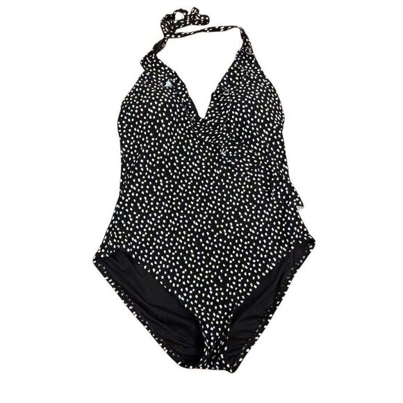 Loft Beach One Piece Swimsuit Black White Ruffled V-Neck Size M - Picture 1 of 10